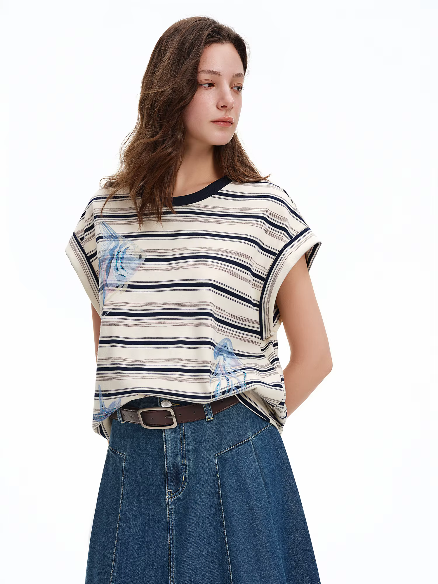 T-shirt DUSHU à manches raglan rayées imprimé océan et strass, col rond, coupe ample et confortable,