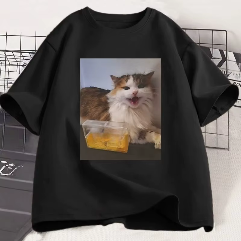 T-shirt sur le thème du chat pour femmes, T-shirt à manches courtes et col rond à motifs amusants, S
