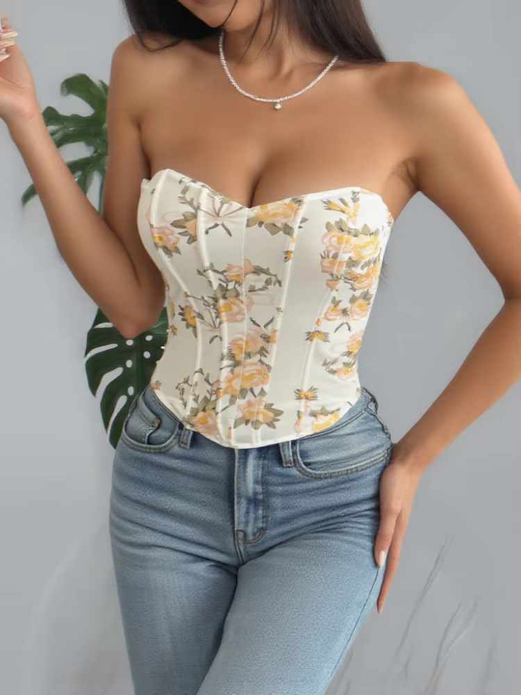 Haut Corset Imprimé Floral Jaune pour Femme, Sexy, Sans Manches, Moulant, à Bretelles Fines, avec La