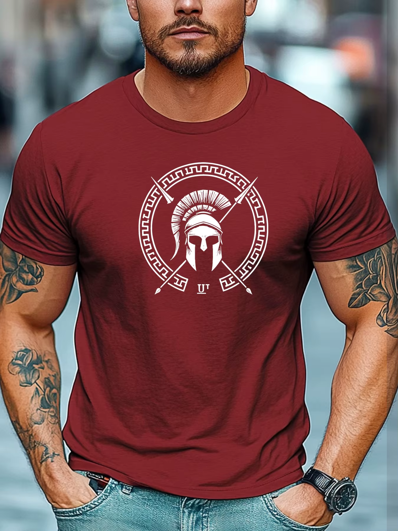 T-shirt d'été 100% pur coton pour hommes, décontracté, ample, motif casque Spartan imprimé, respiran