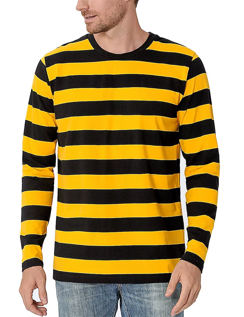 Mode contraste rayure impression 3D hommes à manches longues T-shirt décontracté mode col rond surdi