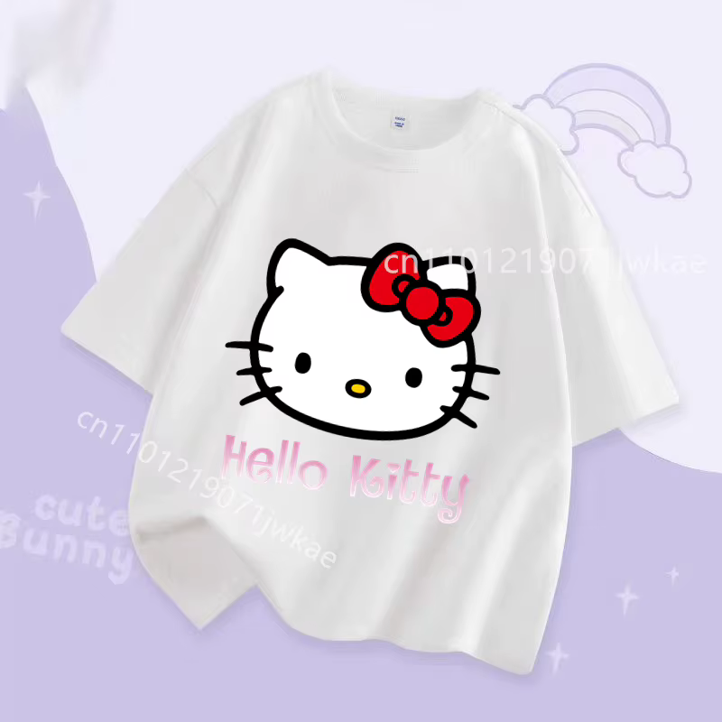 T-shirt d'été Hello Kitty Kawaii pour enfants, col ras du cou, décontracté, à la mode, pour garçons