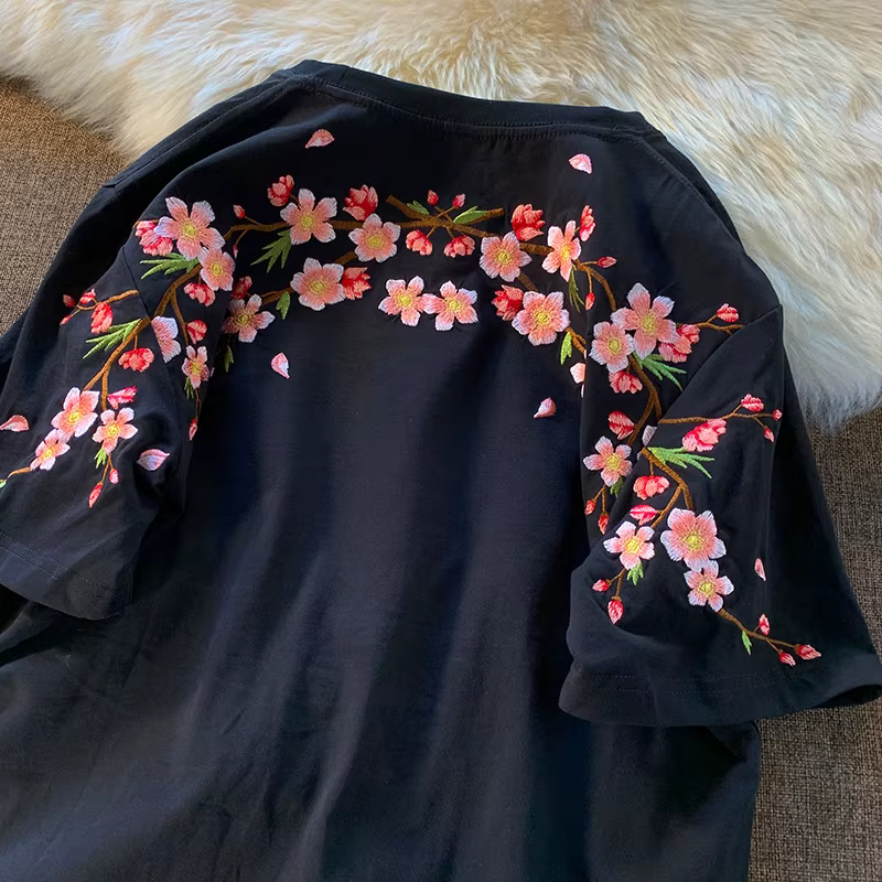 T-shirt brodé homme fleur mode Harajuku t-shirt femmes coton japonais Hip Hop t-shirts manches court