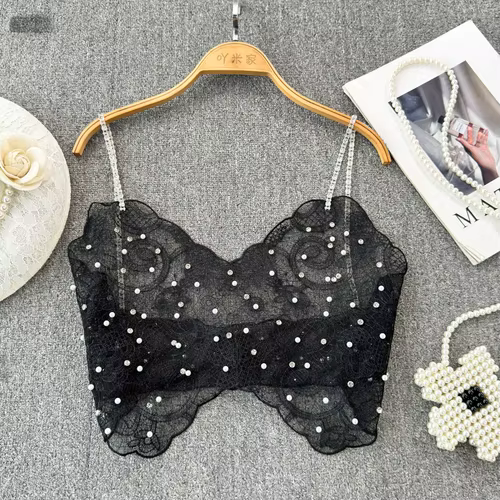 Haut court en dentelle transparente pour femme, bretelles spaghetti, broderie perlée à paillettes, c