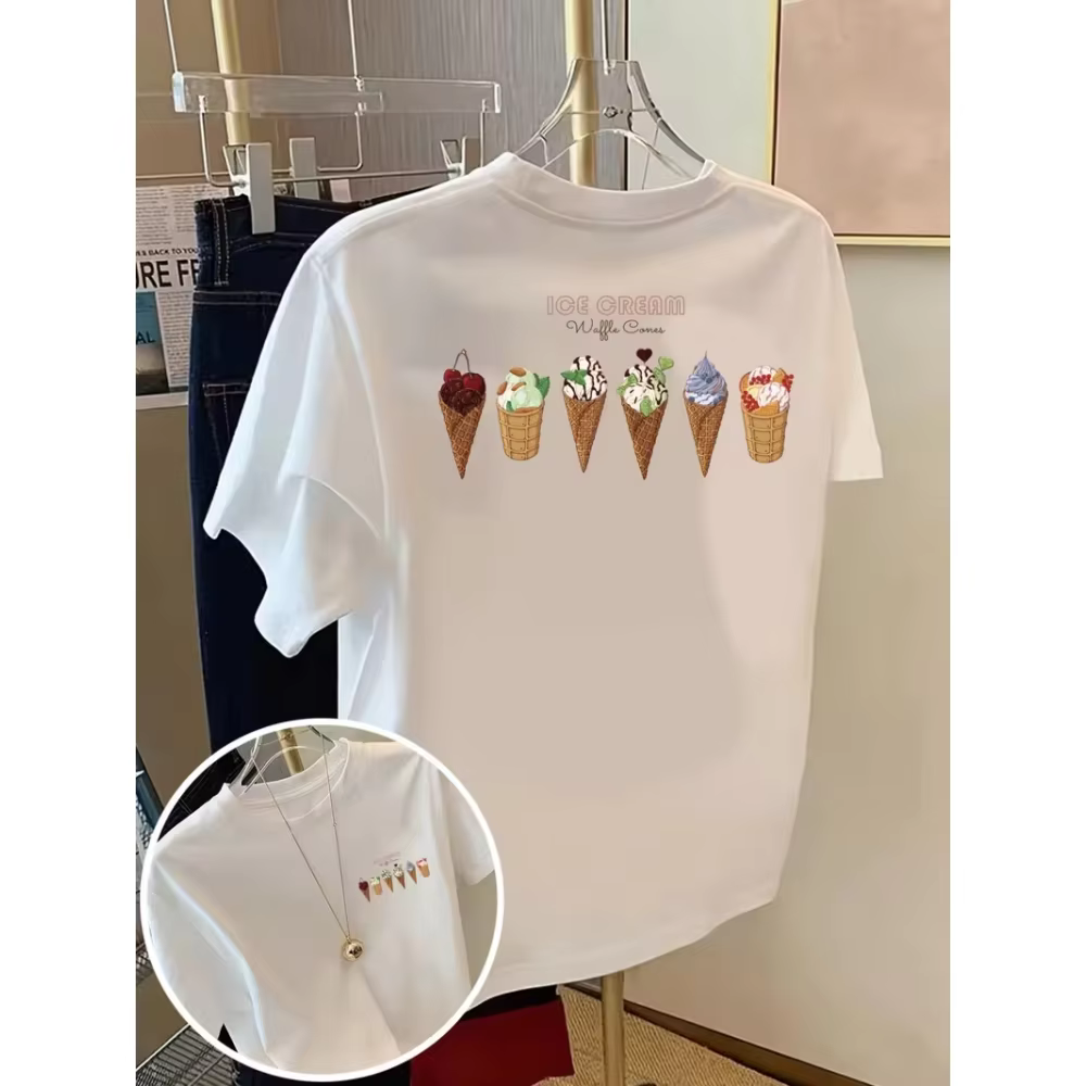T-shirt rétro pastel à col rond et manches courtes, blanc, décontracté, parfait pour des looks d'été