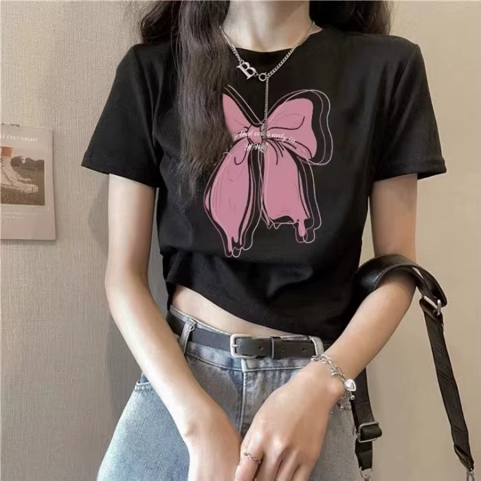 Haut court à manches courtes avec imprimé nœud pour femmes, chemisier d'été Slim Fit doux