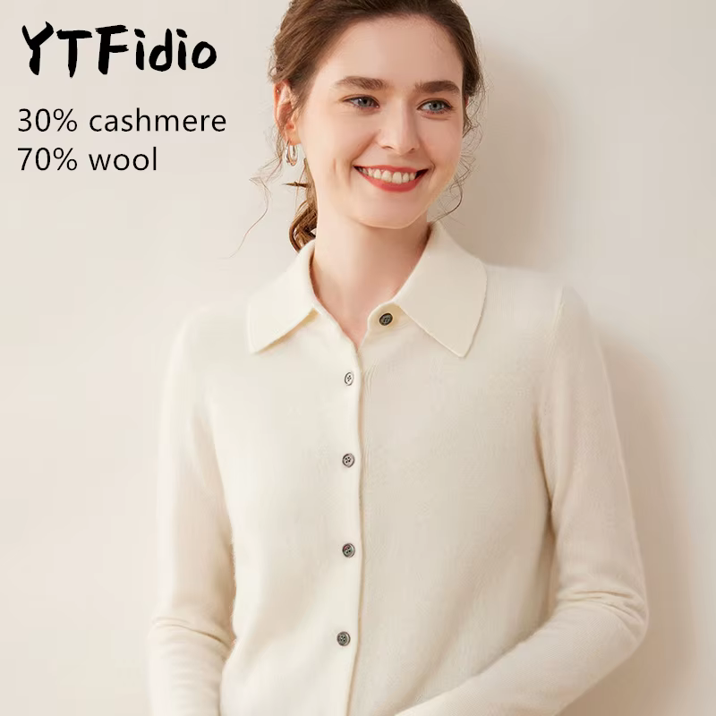 YTFidio cachemire laine mérinos pull femmes col POL à manches longues haut de luxe vêtements de créa