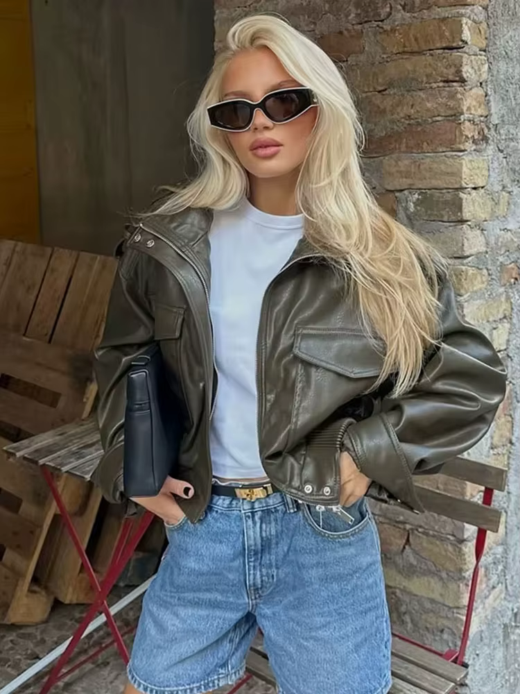 HH femmes Faux cuir recadrée veste vintage Bomber vestes avec poches à manches longues manteaux ferm