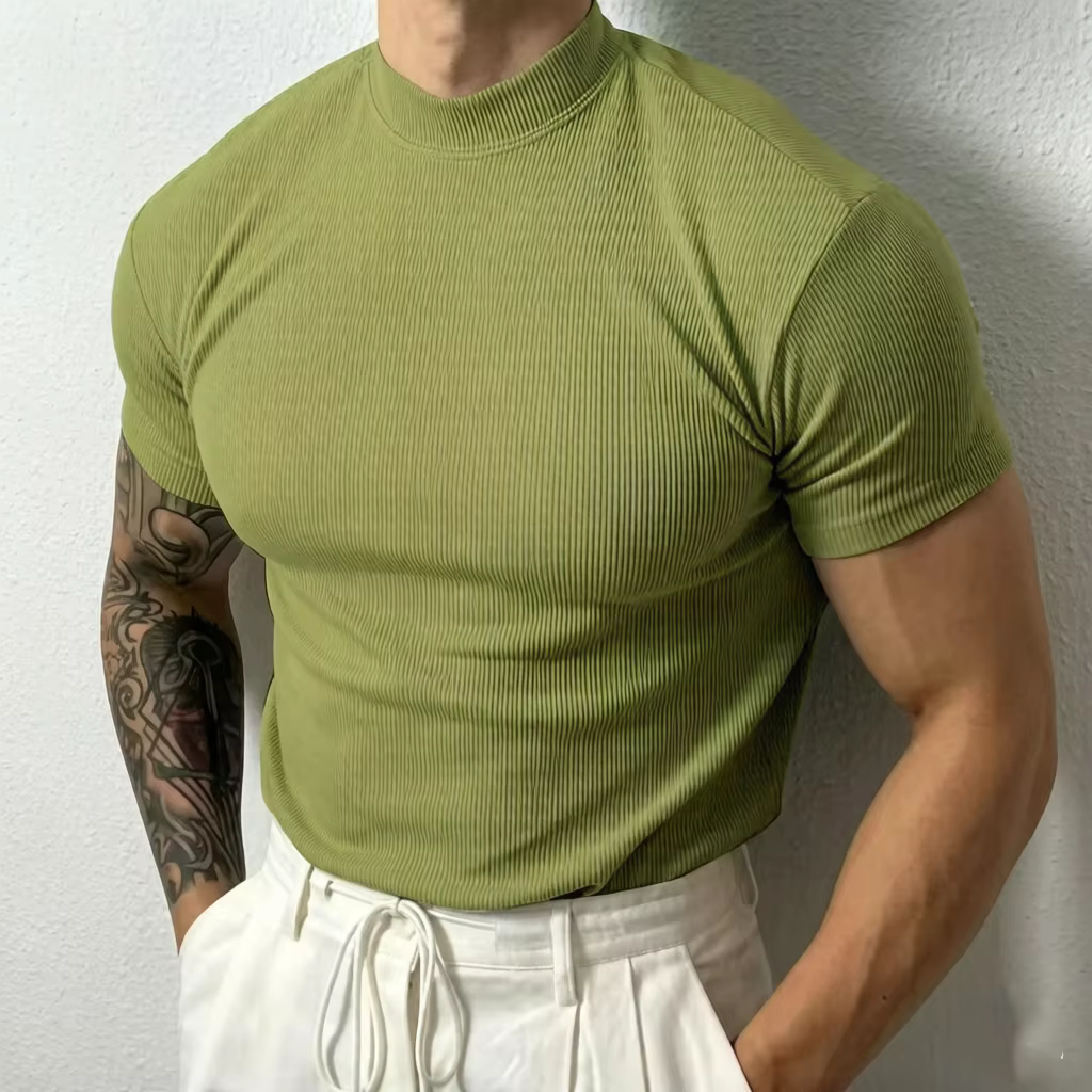 T-shirt à rayures à col haut pour hommes, vêtements de sport décontractés à manches courtes, vêtemen