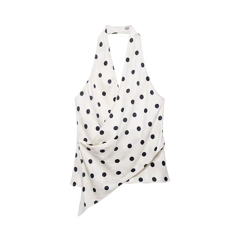 Top imprimé à pois tendance pour femme, été 2026, sexy, sans manches, dos nu, col licou, pour soirée
