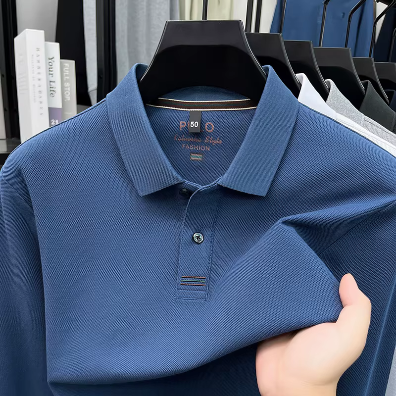 Polo à manches longues 100 % coton pour homme, col boutonné, style décontracté et ajusté, couleur un