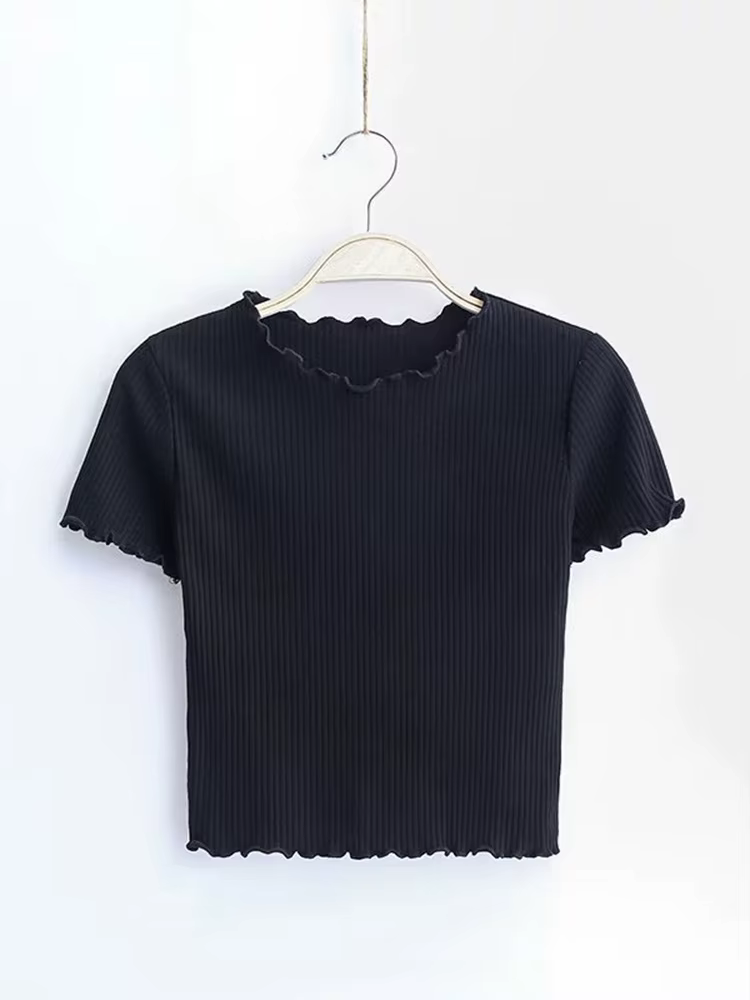 Vintage bois oreilles O cou à manches courtes T-shirt 2025 nouvelle femme coupe ajustée T-shirt serr