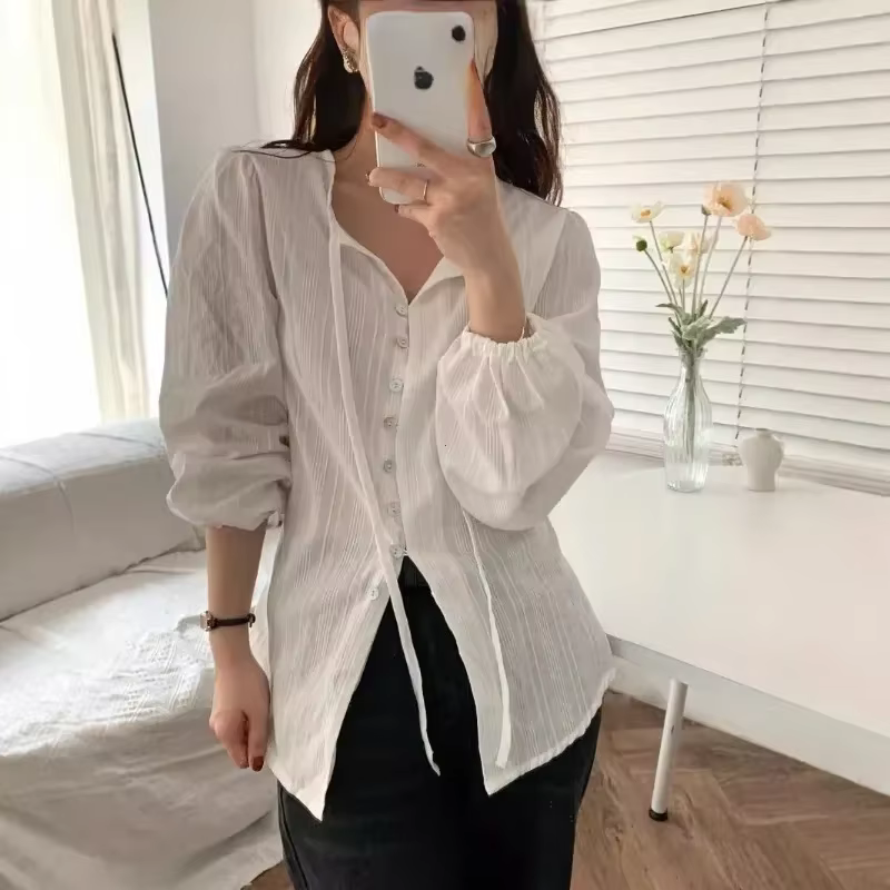 Chemise élégante à manches longues pour femmes, haut décontracté à manches bulles blanches avec cein