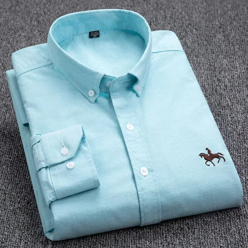 Chemise en pur coton Oxford brodée pour homme, chemise habillée à manches longues, cheval décontract
