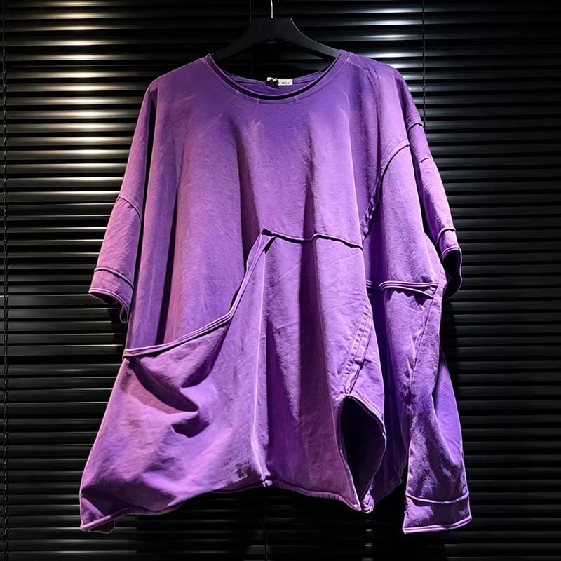 DEAT 2026 T-shirt d'été déstructuré et délavé avec patchwork, ourlet asymétrique, coupe ample à manc
