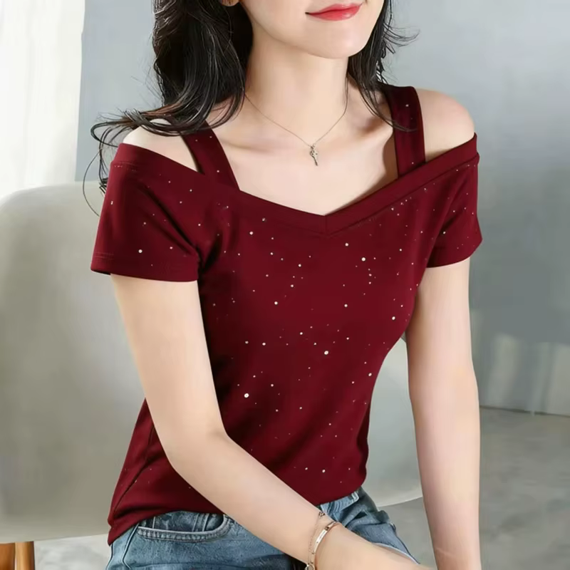 T-shirt violet pour femme à épaules dénudées, col en V, double bretelle, imprimé à pois scintillants