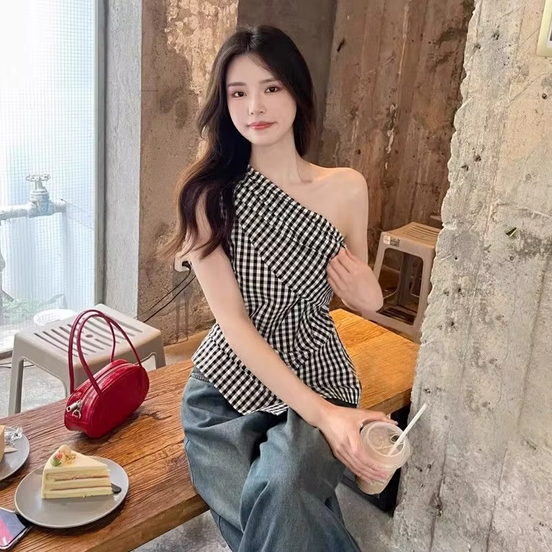 Chemise sans manches à carreaux pour femmes, épaules inclinées irrégulières, taille cintrée, Chic fr