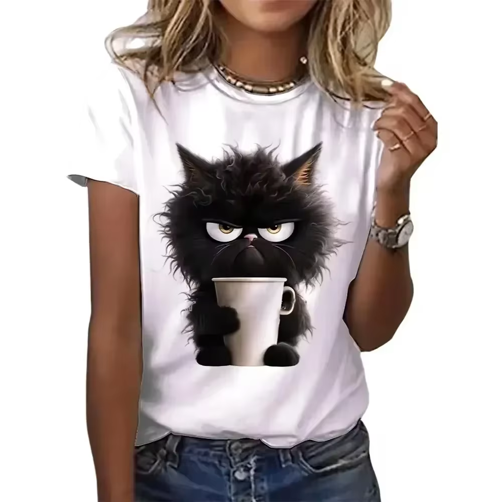 Harajuku T-shirt drôle chat femmes Kawaii T-shirt fille décontracté à manches courtes haut col rond
