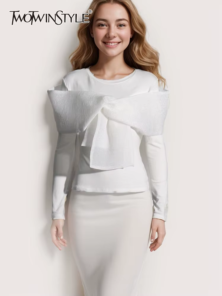 TWOTWINSTYLE Solide Patchwork Bowknot Minceur T-shirt Pour Les Femmes Col Rond À Manches Longues Min