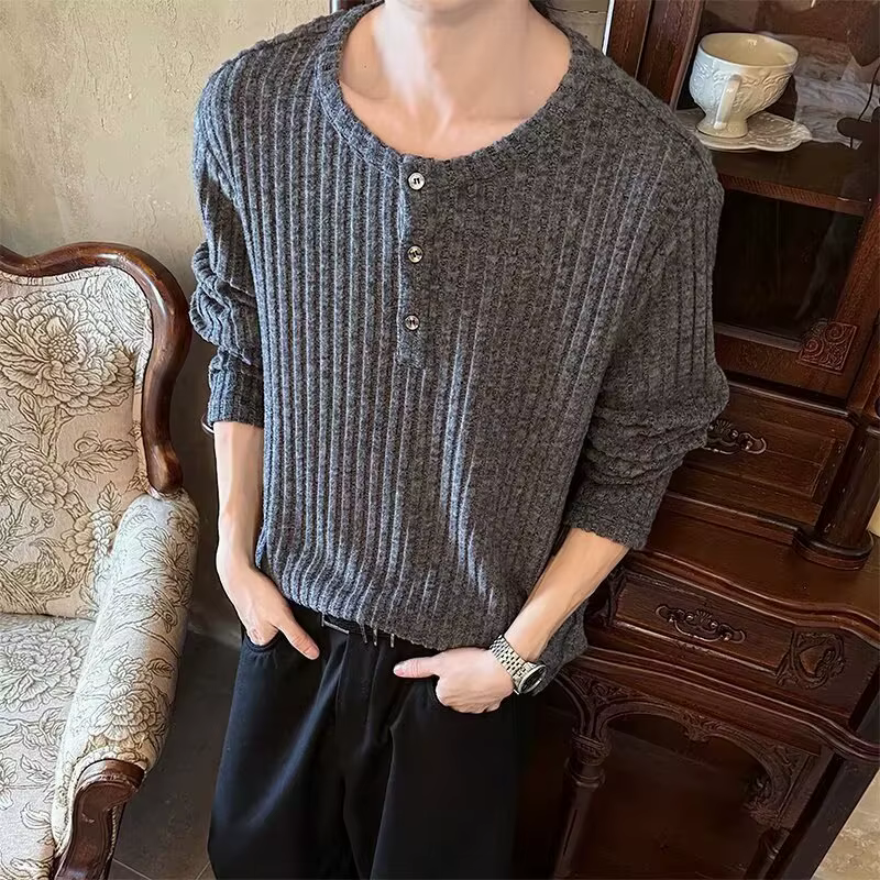 T-shirt à col Henry à manches longues pour homme – Nouvelle collection Printemps-Automne 2026 – Déco