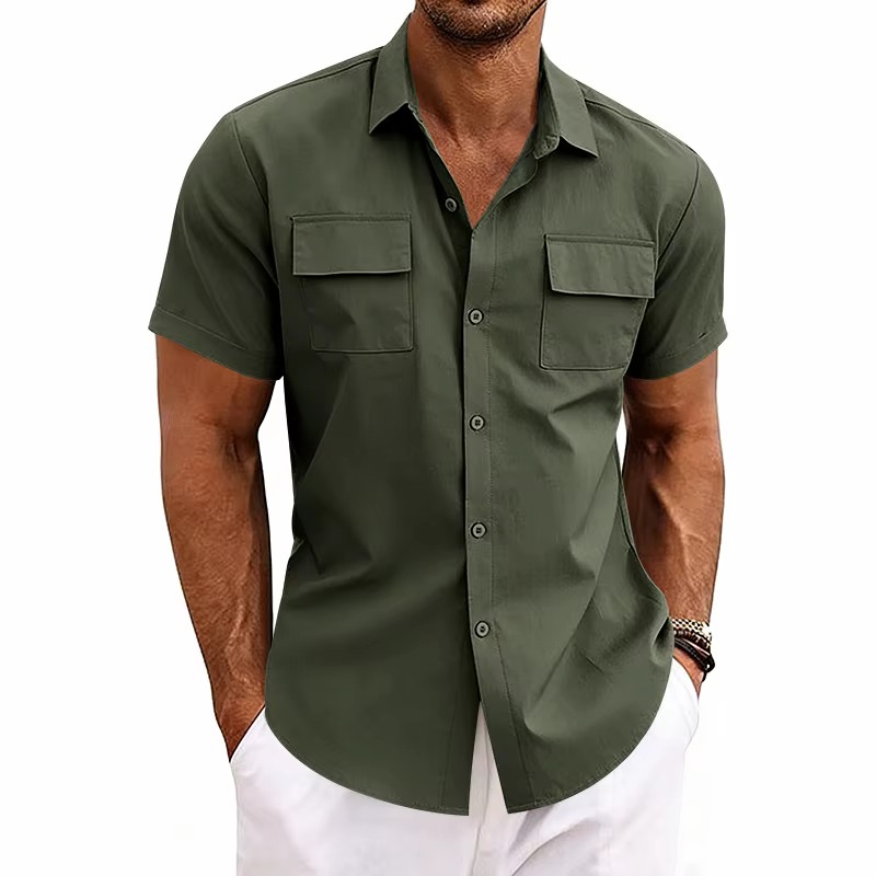 Chemise de travail à manches courtes pour homme, double poche, été |   Chemise décontractée extensib