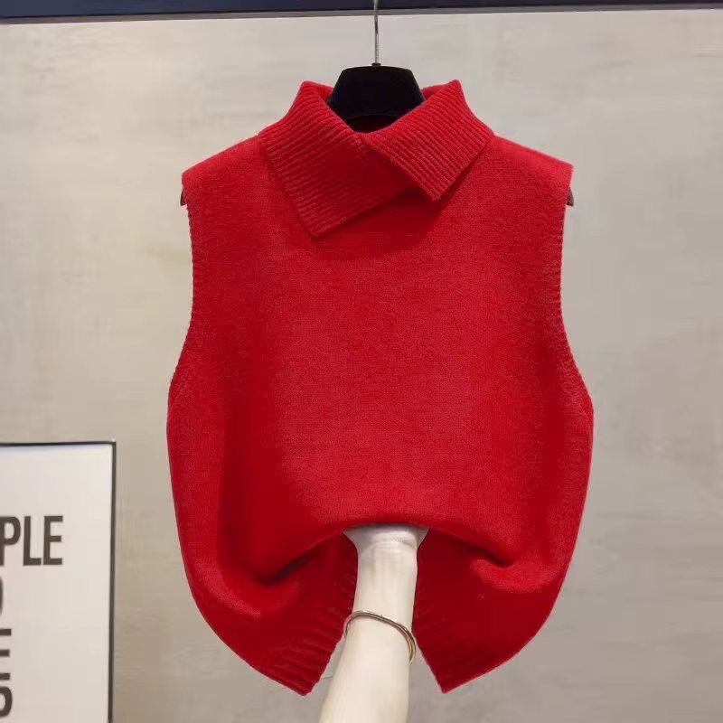 Automne hiver coréen couleur unie revers sans manches polyvalent décontracté tricoté gilet pour les