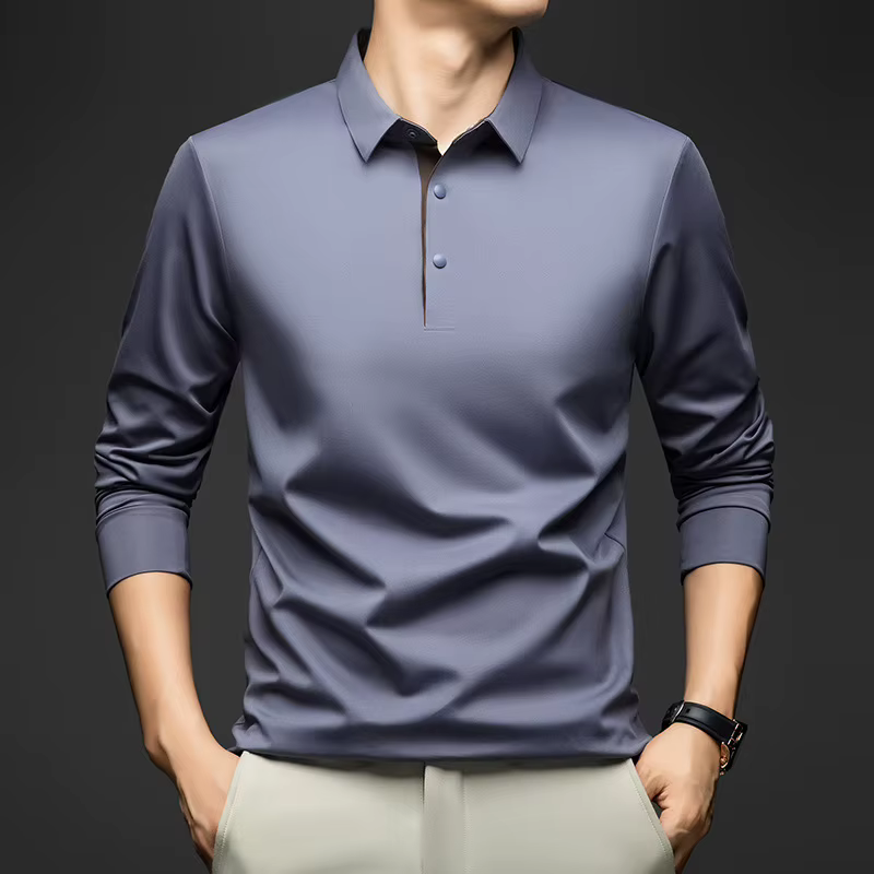 Polo à manches longues pour hommes, en mélange de soie de mûrier, col classique, idéal pour un style