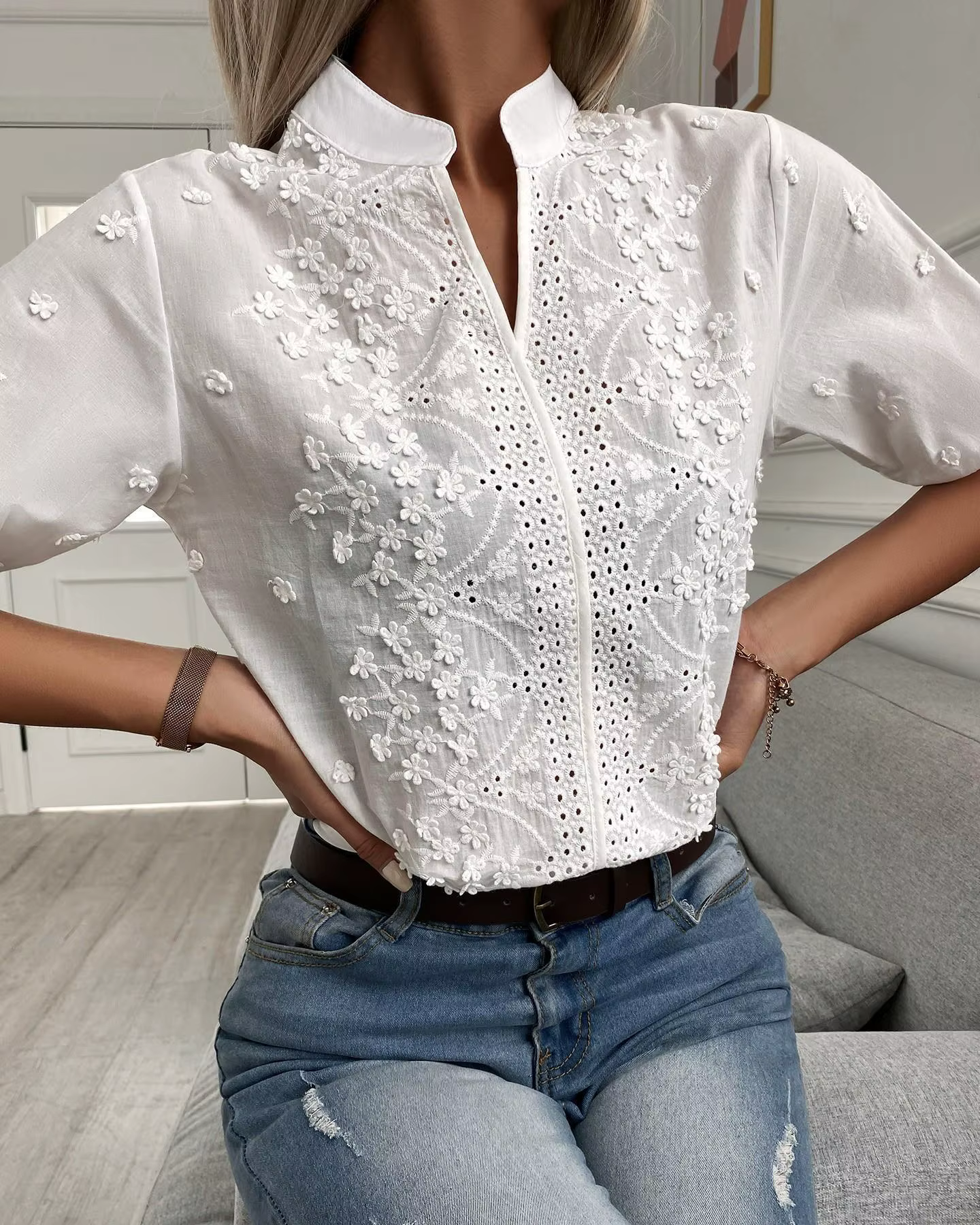 Chemisier élégant à manches courtes et col en V pour femmes, chemise en dentelle pour femmes, haut b