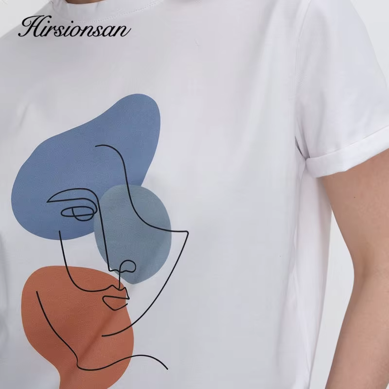 Hirsionsan – t-shirt col rond pour femme, estival et décontracté, avec impression abstraite, 100% co