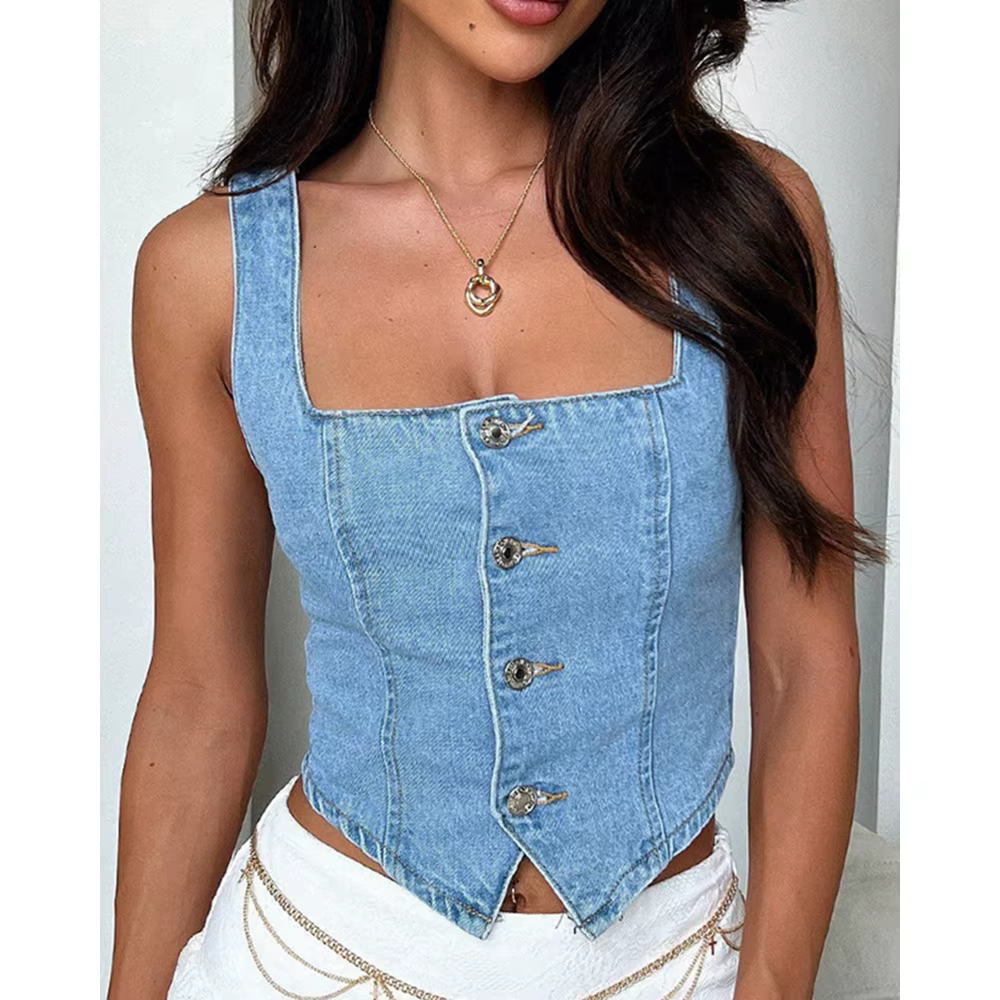 Haut en denim précieux à boutons en fibre pour femmes, mode sexy, col carré, froncé, haut décontract