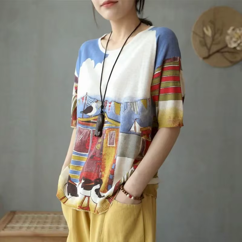 T-shirts en tricot à manches courtes pour femmes, col rond, coupe ample, tendance estivale, imprimé,