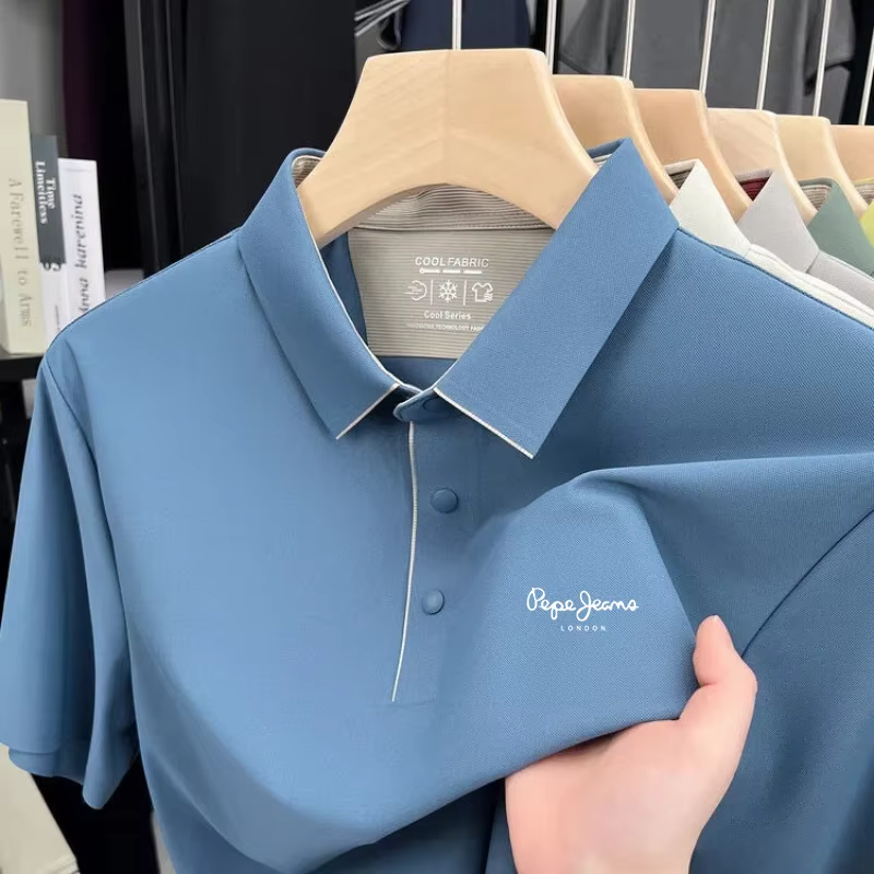 Polo de marque tendance à manches courtes pour homme, imprimé lettres, haut de gamme en soie glacée,