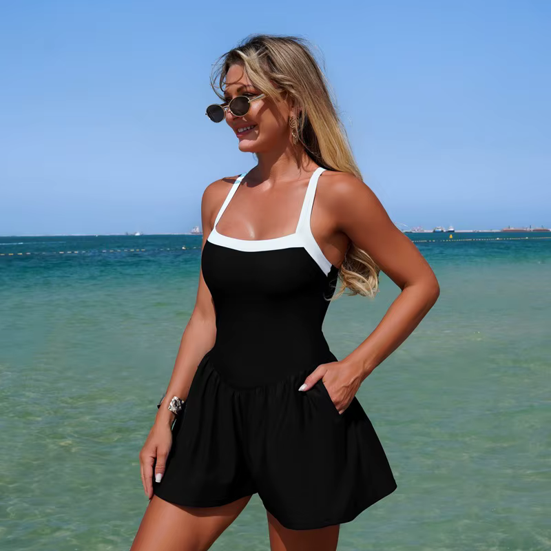 Maillot de bain une pièce pour femmes, dos croisé, bretelles réglables, avec poche, maillot de bain