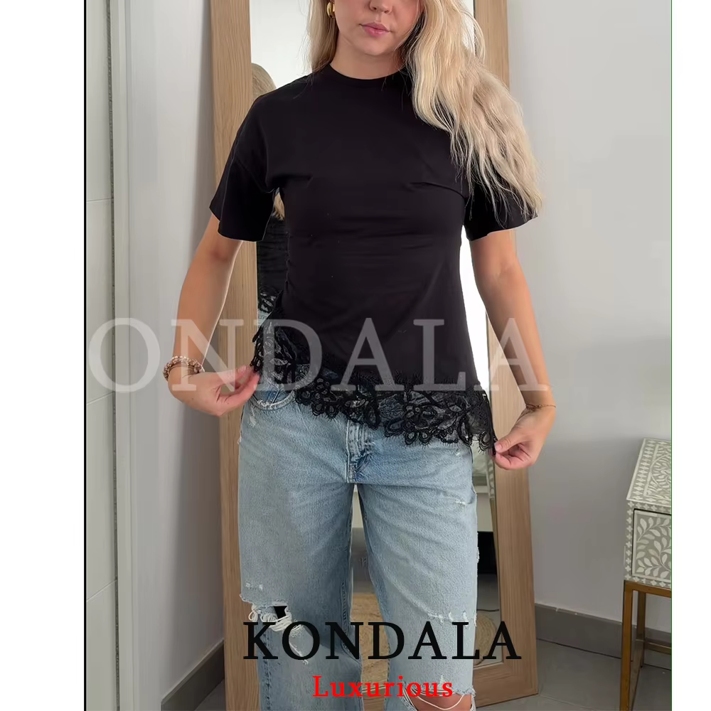 KONDALA Streetwear Chic Décontracté Femme Haut en Dentelle Asymétrique à Manches Courtes Col Rond Te