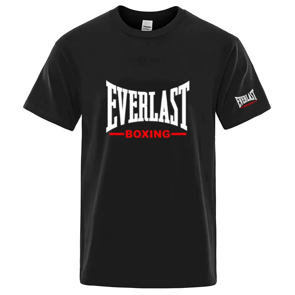 T-shirt graphique de boxe EVERLAST été 2026 pour homme, noir, col rond, manches courtes, décontracté