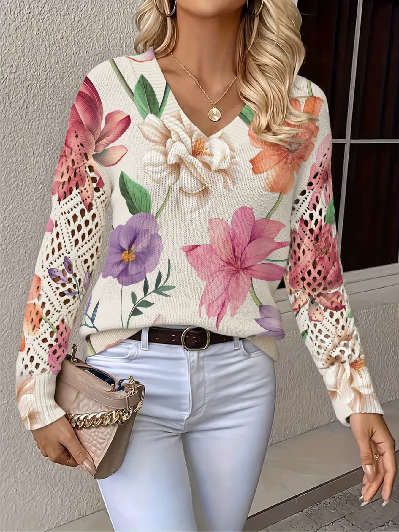 Haut tricoté pour femme avec col en V et manches découpées, motif floral vintage, imprimé non positi