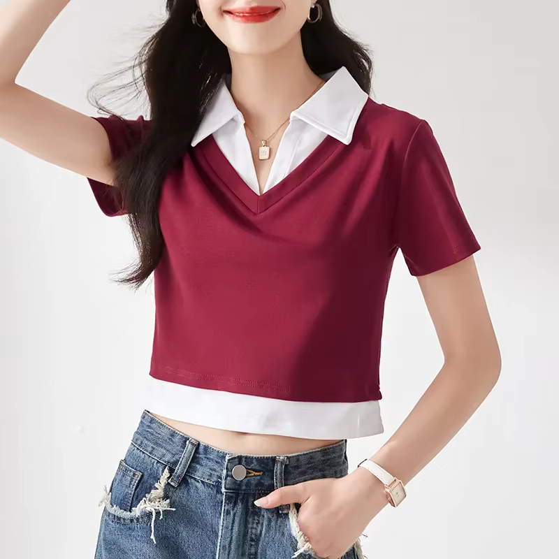 T-shirt polo femme faux deux pièces à col revers et manches courtes, coupe slim, style décontracté, 