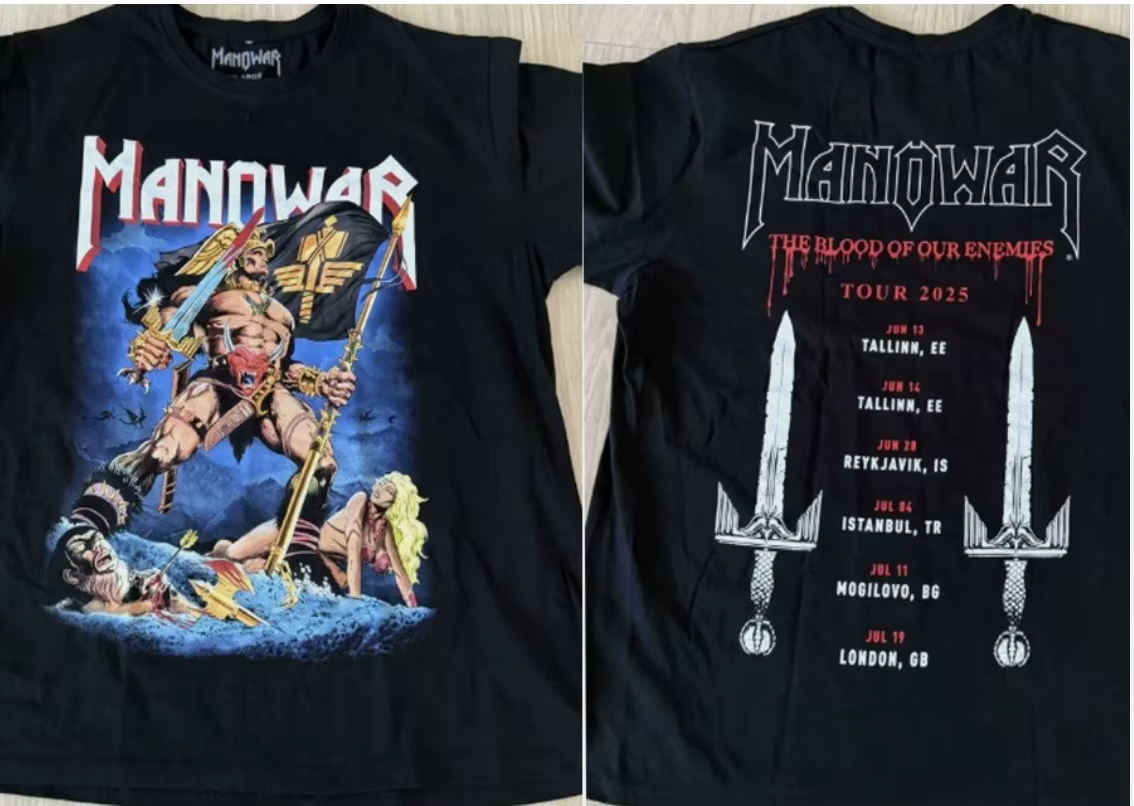 Nouvelle chemise Manowar Tour 2025 à manches courtes, couleur noire, 2 côtés