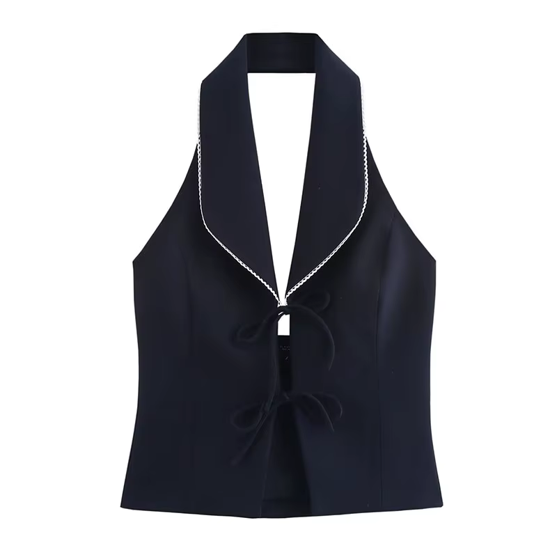HH femmes mode gilets haut bleu marine col rabattu sans manches dos nu nœud à lacets femme été Style