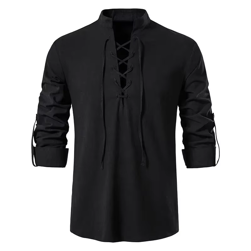 T-shirt en coton et lin à manches longues pour hommes, chemise à lacets décontractée, col Henley, co