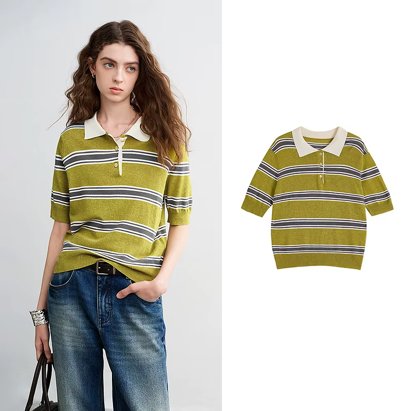 TOYOUTH – Polo à rayures intellectuelles pour femmes, haut en tricot confortable et respirant en lin