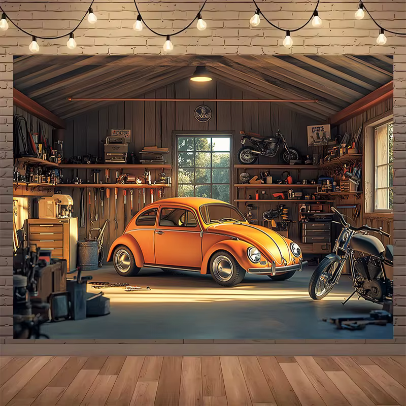 Un fond de garage lumineux avec des designs de voitures et de motos classiques - en matière polyeste
