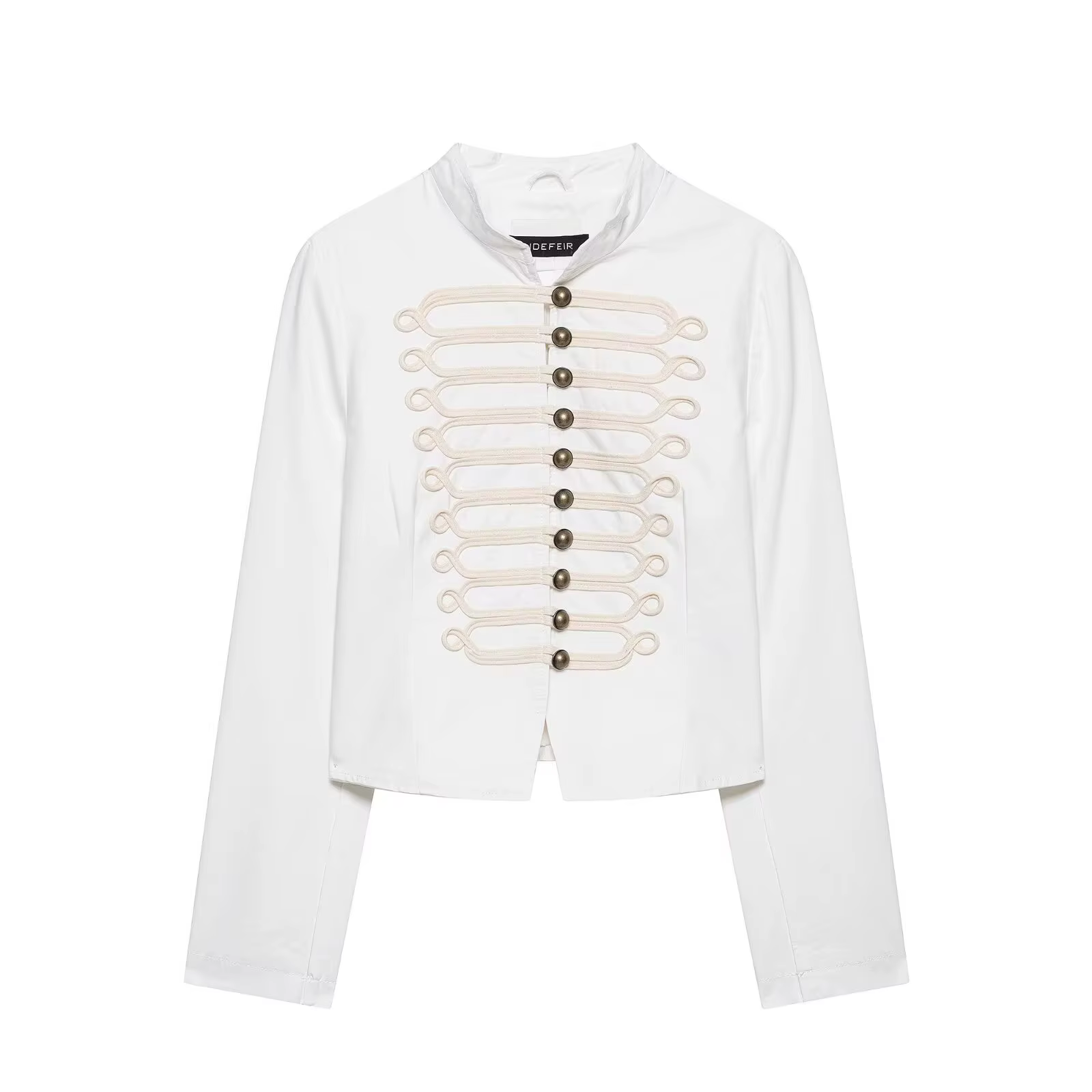 Veste élégante blanche nouée pour femme, coupe ajustée, manches longues, col montant, simple boutonn