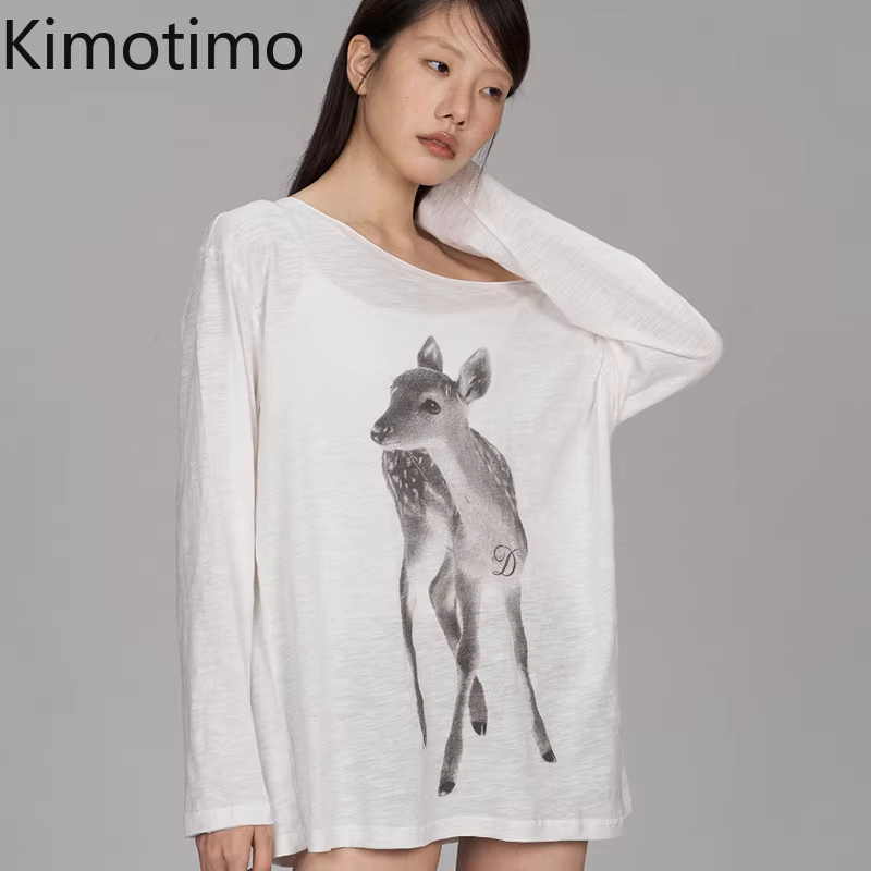 Kimotimo T-shirt Femme Été Imprimé Épaules Dénudées Manches Longues 2026 Nouveau Décontracté Transpa