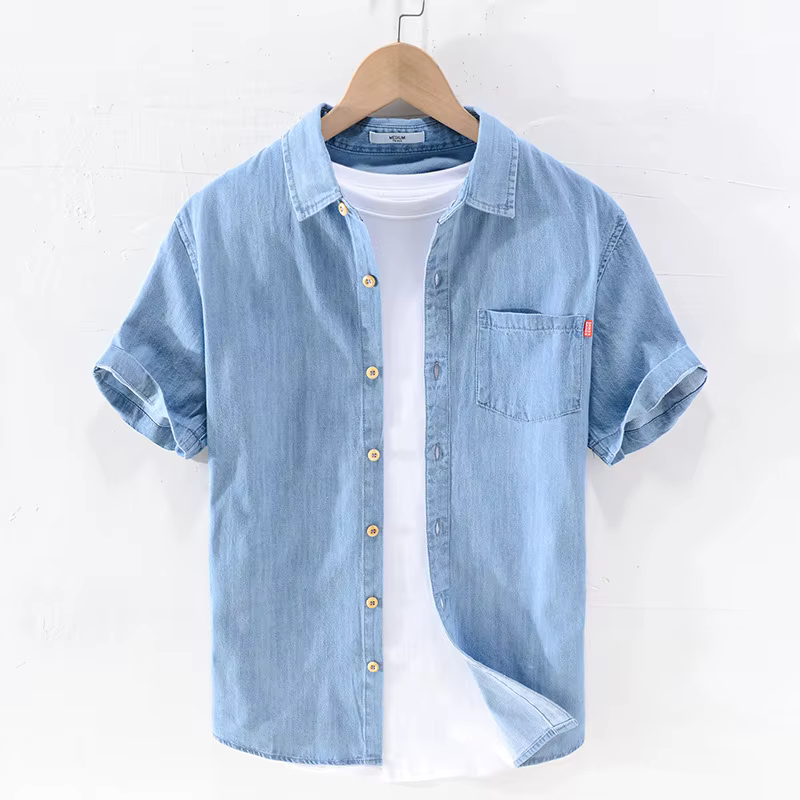 Chemise en denim pour hommes, haut d'été léger et décontracté à demi-manches, à manches courtes, ves