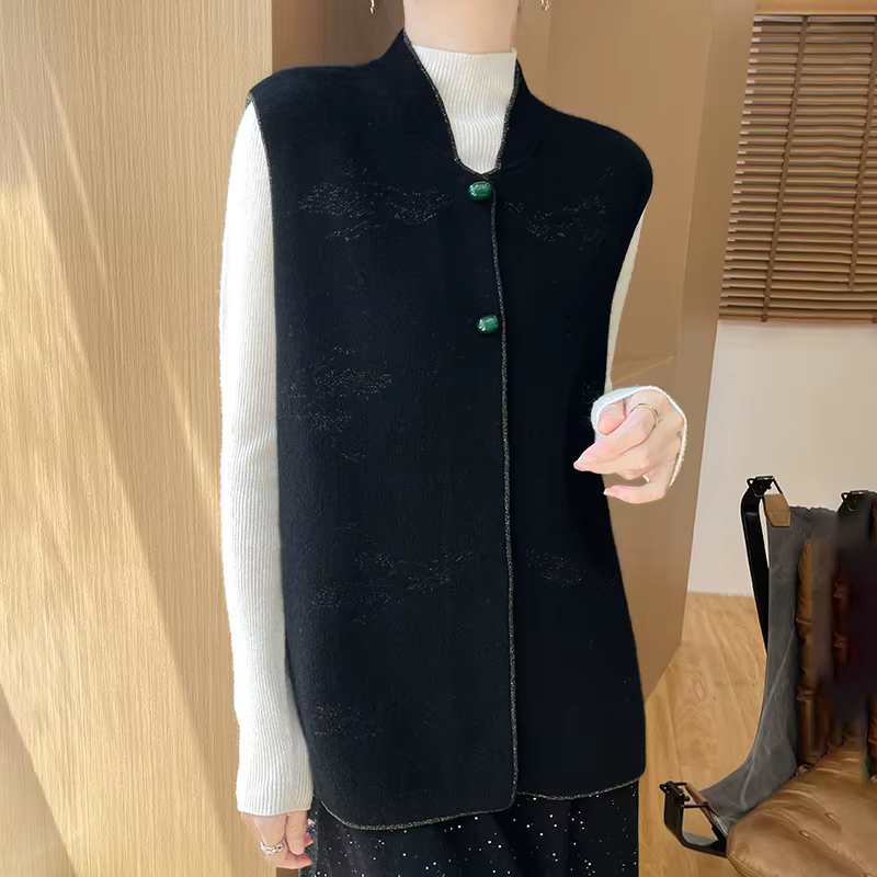Gilet sans manches en laine Pure pour femme, col montant, épais, brodé, ample, hiver 100%