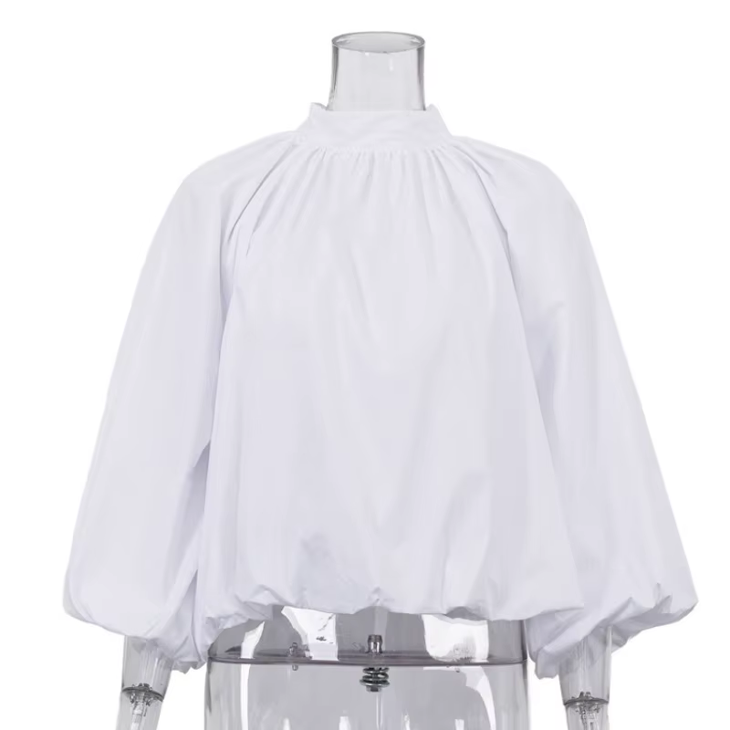 Chemisier blanc à manches bouffantes style français pour femme, col montant, chemise ample à volants