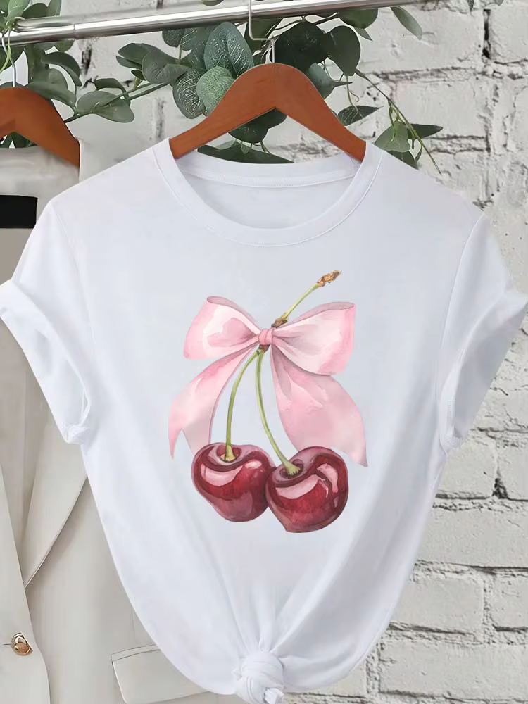 Mode cerise imprimé femmes T-Shirt à manches courtes col rond décontracté hauts pour l'été printemps