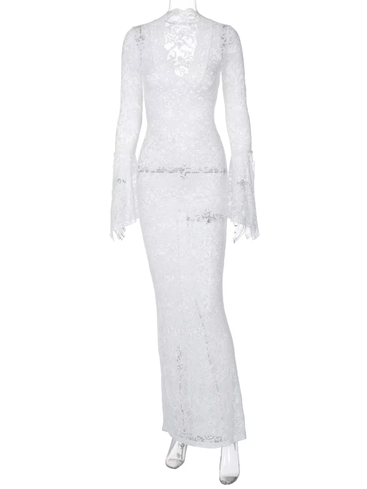 Hugcitar maille imprimé fleuri col en V manches longues évasées Sexy voir à travers Maxi robe printe