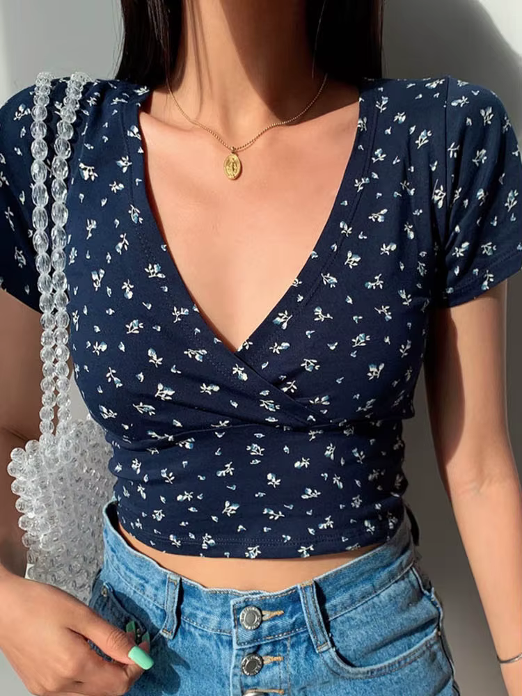 T-shirt à manches courtes et col en v pour femme, haut d'été, rétro français, floral, Slim, aminciss